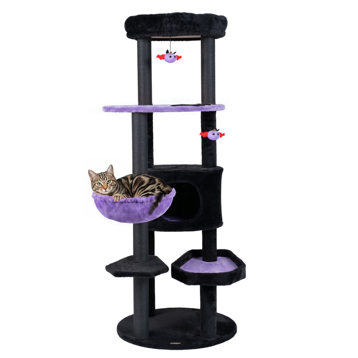 Purple 60-Inch Cat Tower with Plush Perch & Spider Toys for Halloween