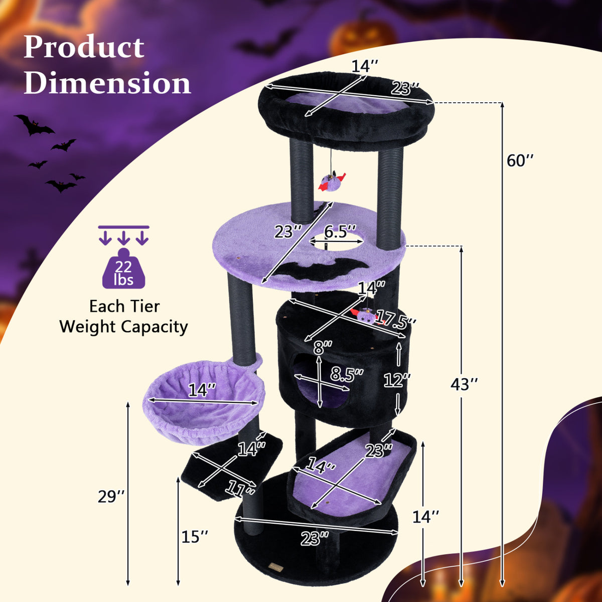 Purple 60-Inch Cat Tower with Plush Perch & Spider Toys for Halloween