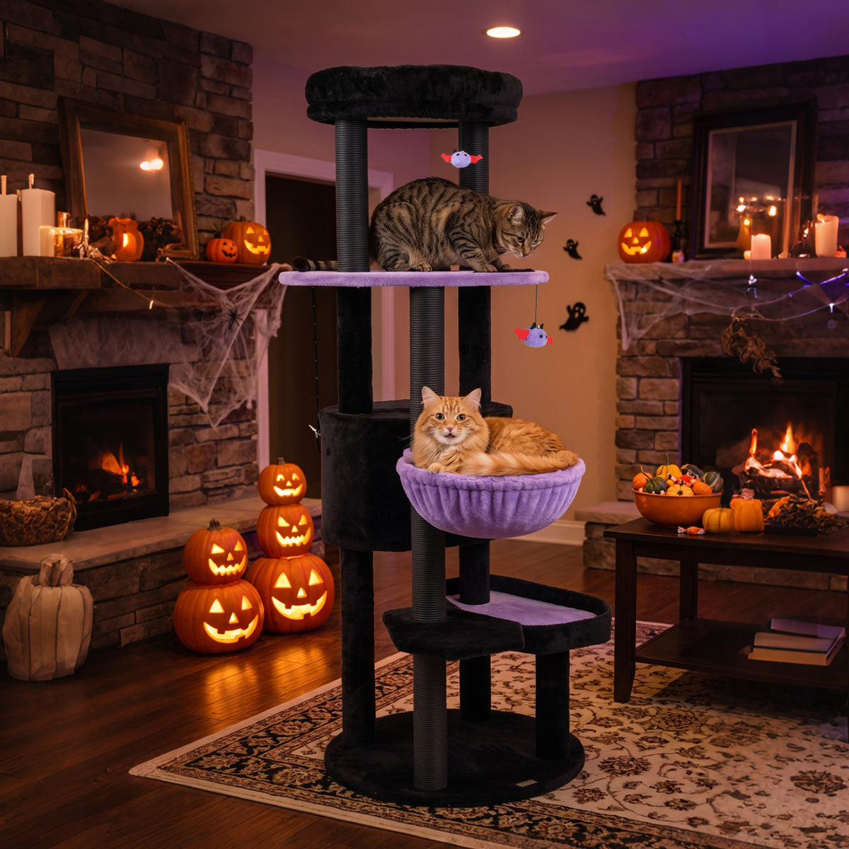 Purple 60-Inch Cat Tower with Plush Perch & Spider Toys for Halloween