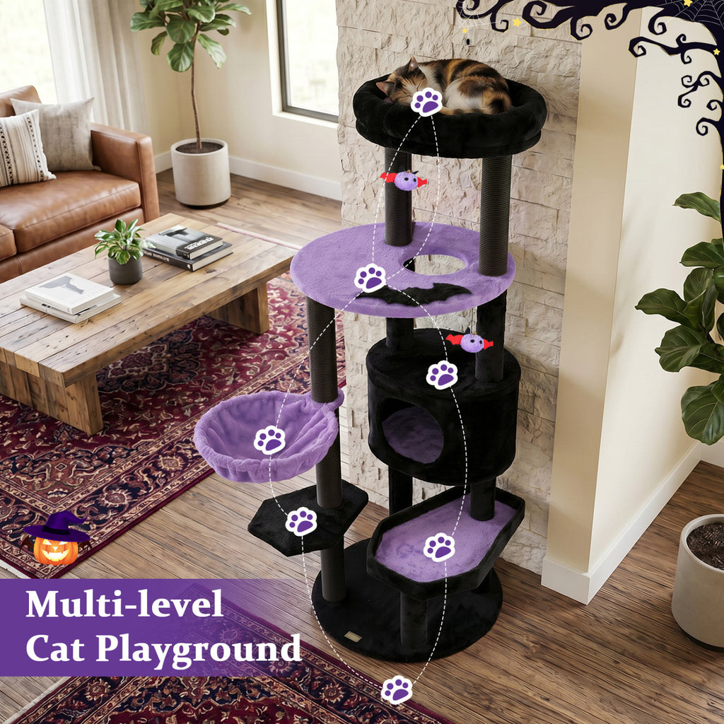 Purple 60-Inch Cat Tower with Plush Perch & Spider Toys for Halloween