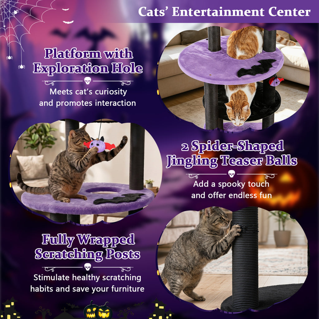 Purple 60-Inch Cat Tower with Plush Perch & Spider Toys for Halloween