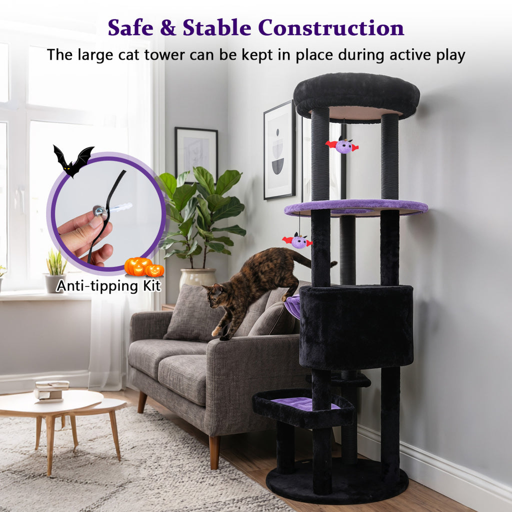 Purple 60-Inch Cat Tower with Plush Perch & Spider Toys for Halloween