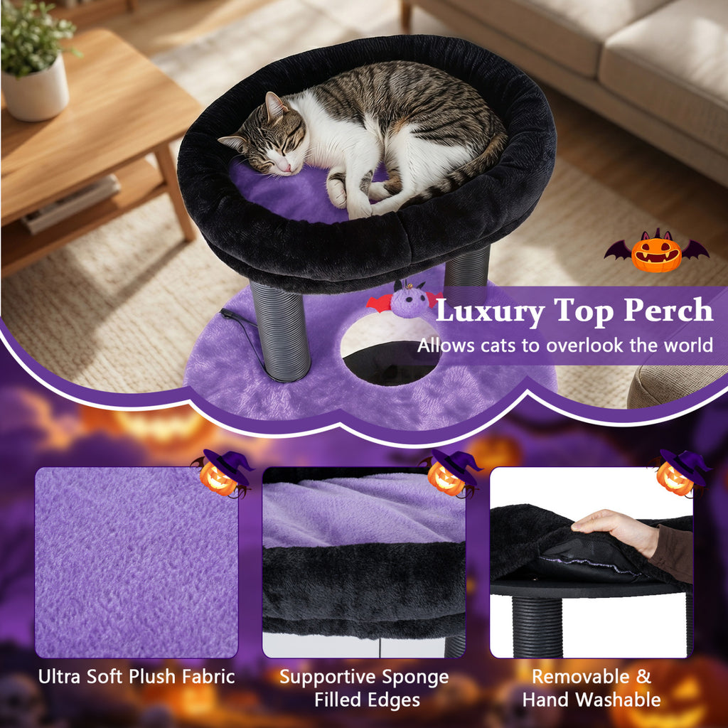 Purple 60-Inch Cat Tower with Plush Perch & Spider Toys for Halloween