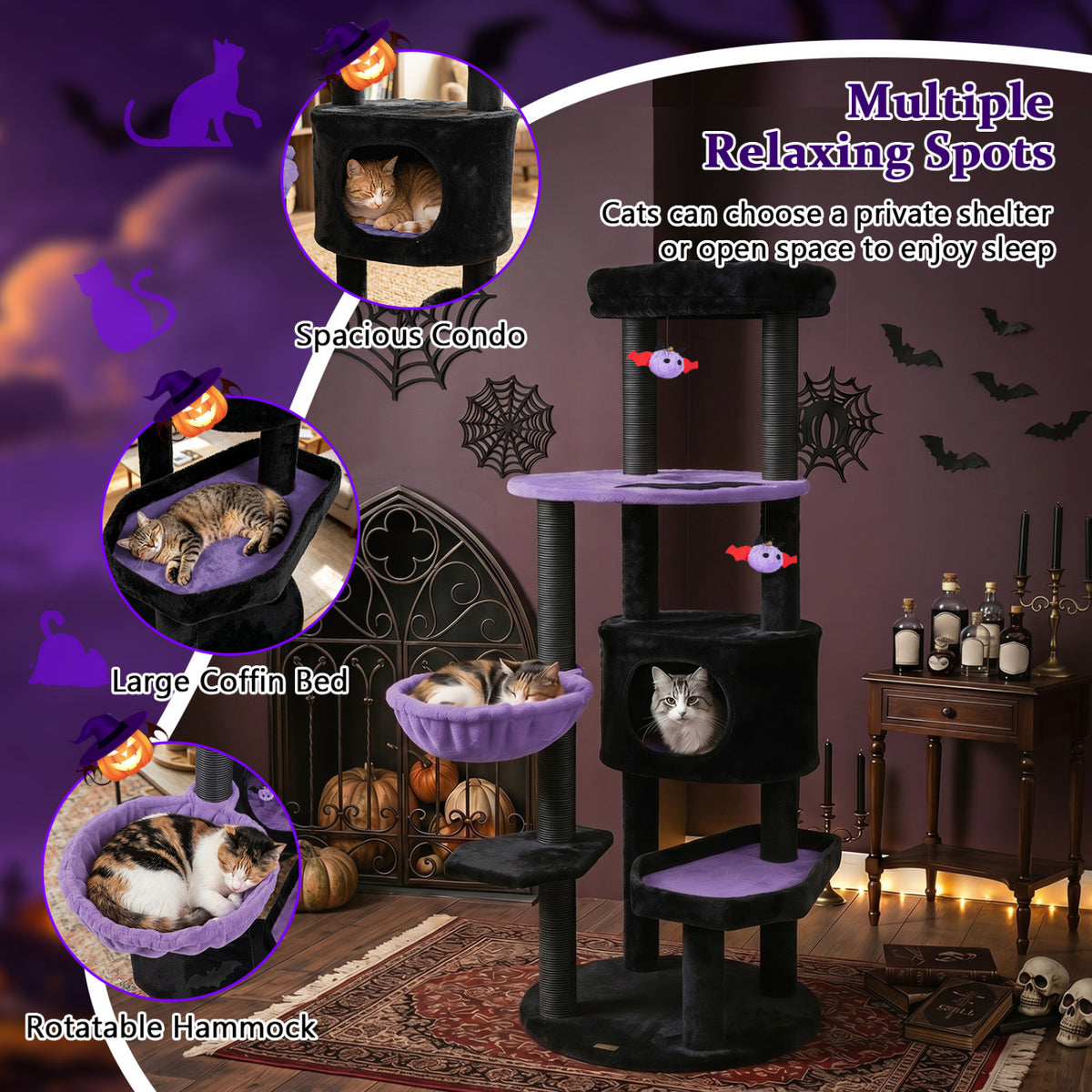 Purple 60-Inch Cat Tower with Plush Perch & Spider Toys for Halloween