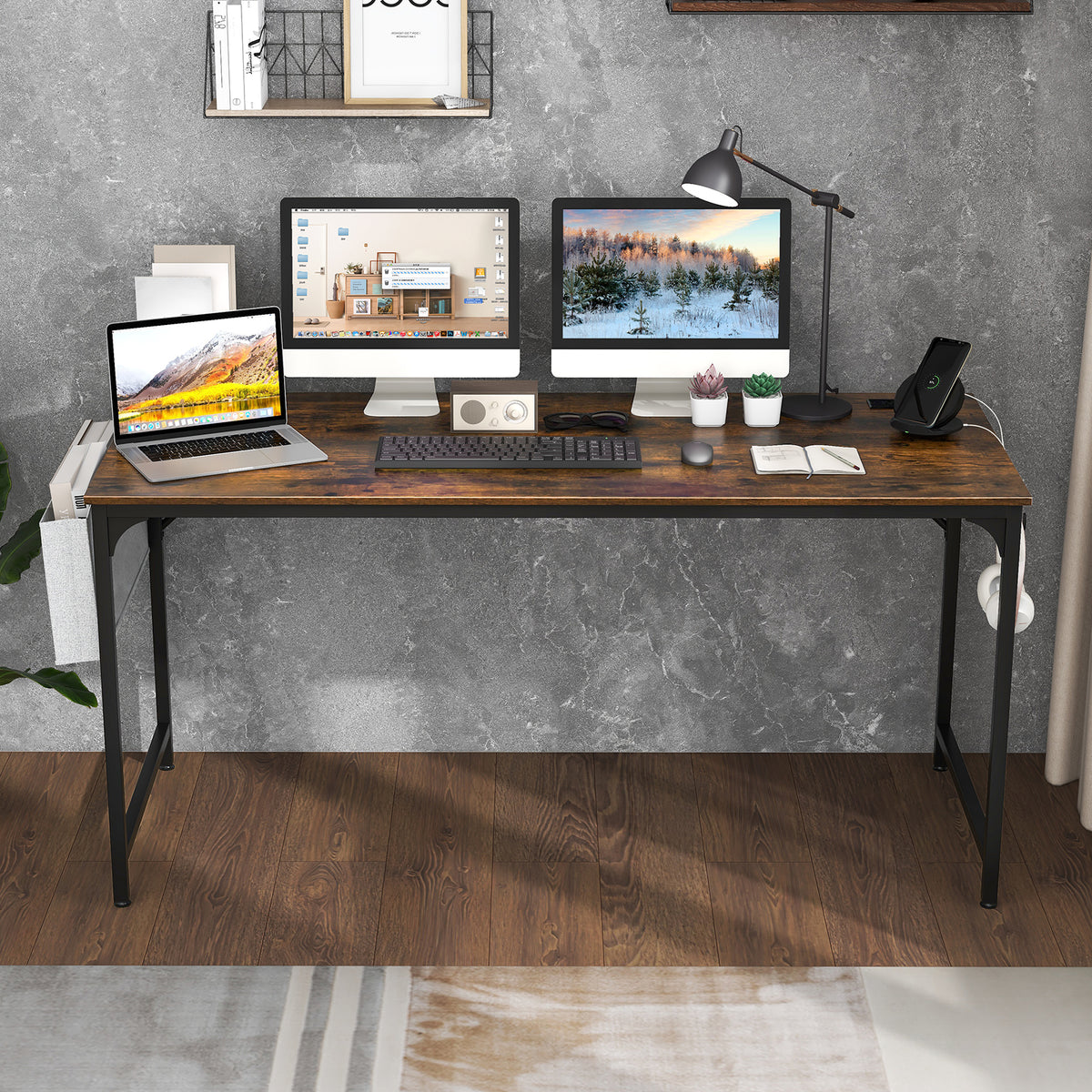 60 Inch Computer Desk with Charging Station - Rustic Brown