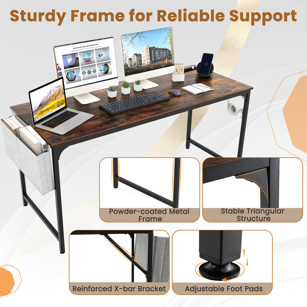 60 Inch Computer Desk with Charging Station - Rustic Brown