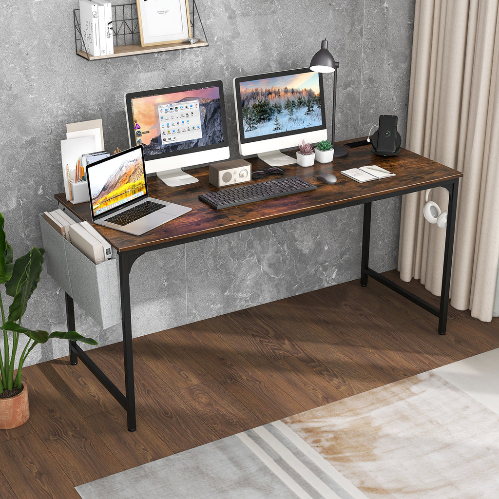 60 Inch Computer Desk with Charging Station - Rustic Brown