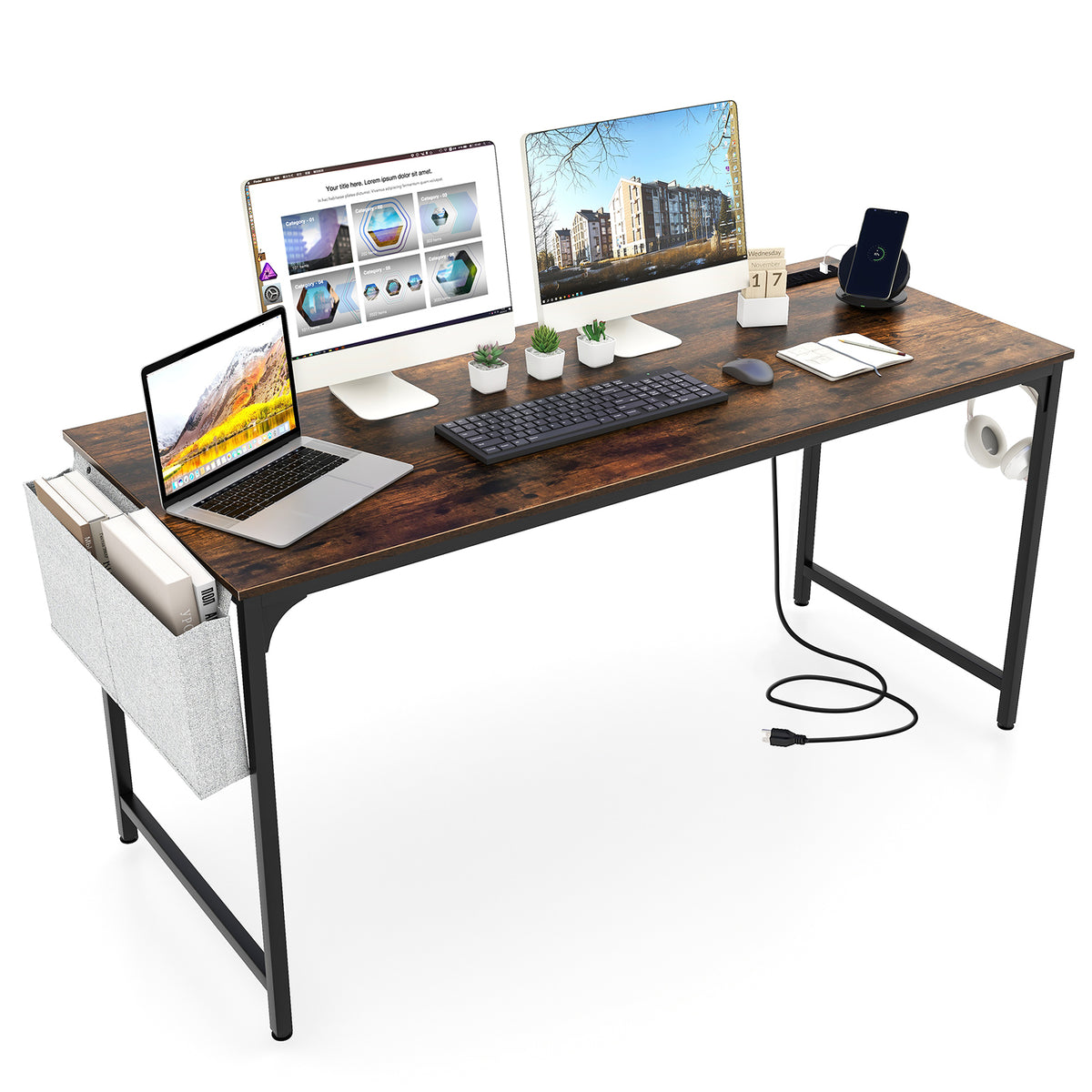 60 Inch Computer Desk with Charging Station - Rustic Brown