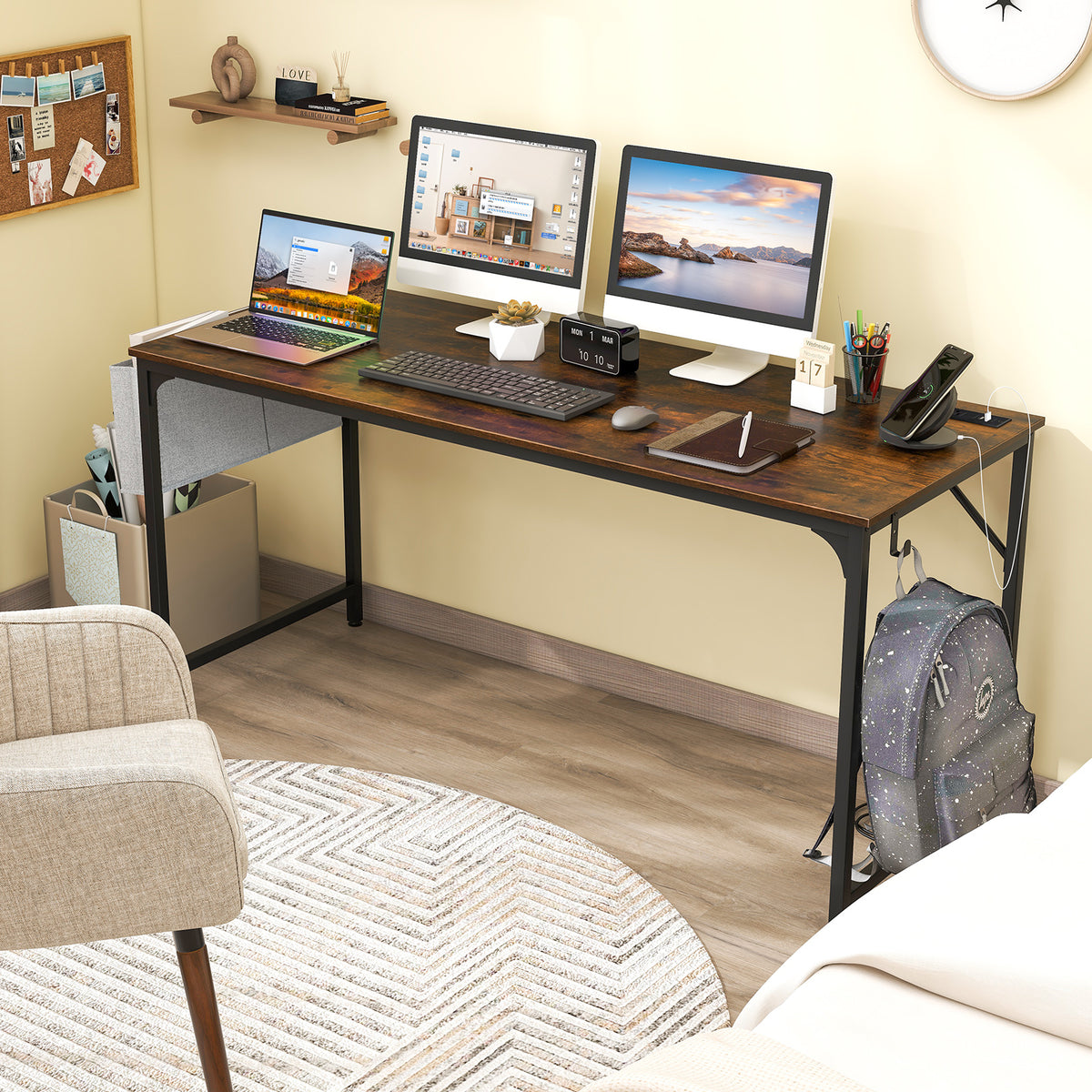 60 Inch Computer Desk with Charging Station - Rustic Brown