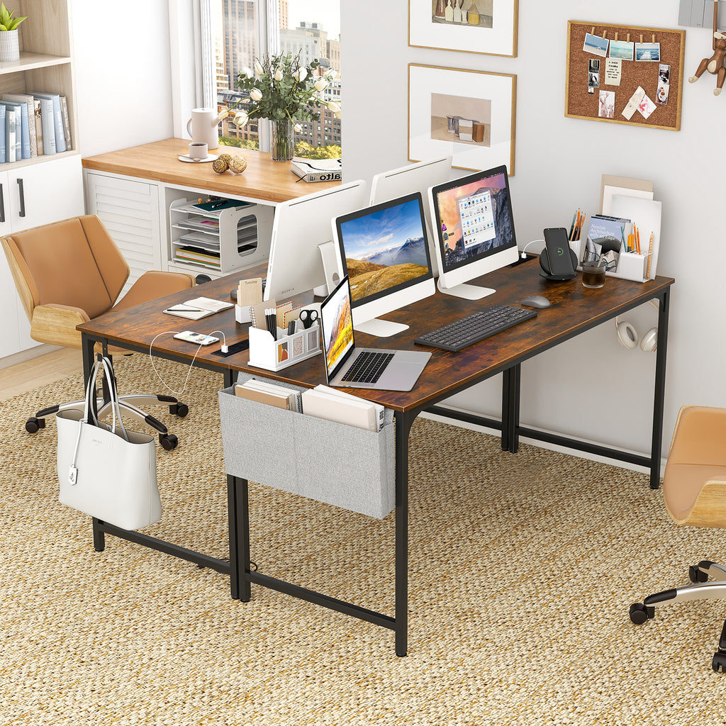 60 Inch Computer Desk with Charging Station - Rustic Brown