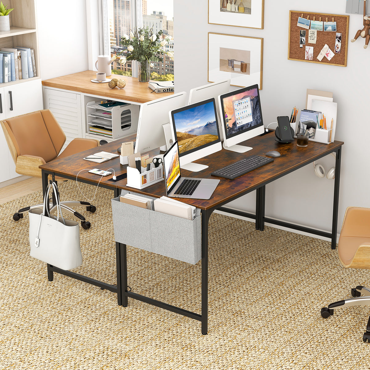 60 Inch Computer Desk with Charging Station - Rustic Brown