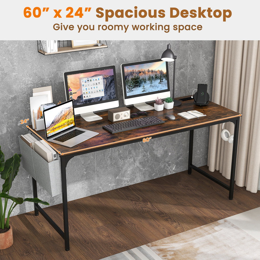60 Inch Computer Desk with Charging Station - Rustic Brown