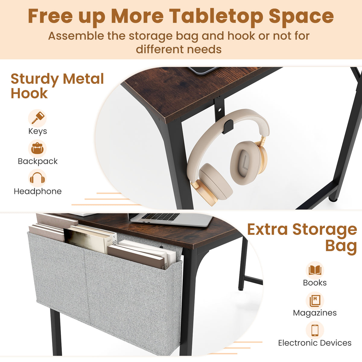 60 Inch Computer Desk with Charging Station - Rustic Brown