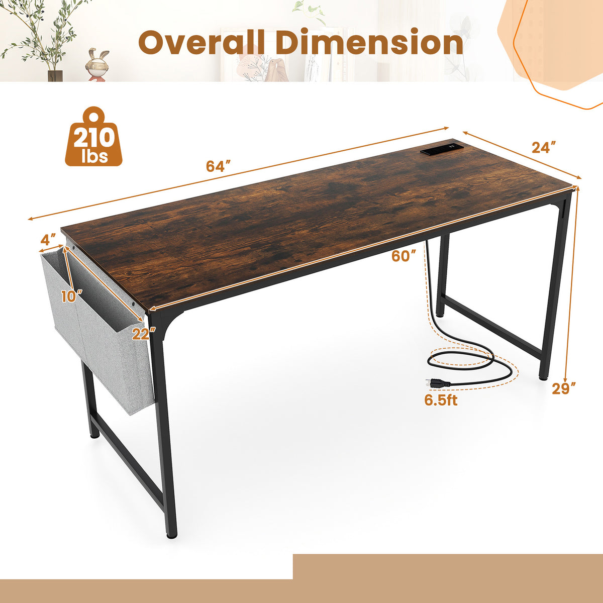 60 Inch Computer Desk with Charging Station - Rustic Brown
