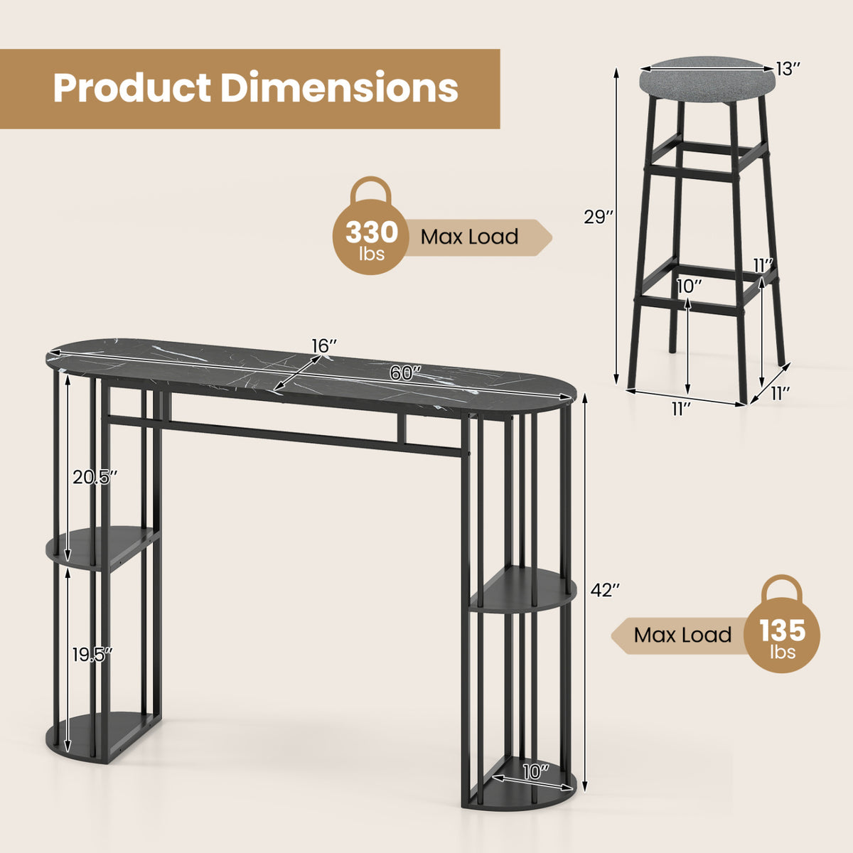 60 Inch Dining Table Set with 2 Barstools, Gray