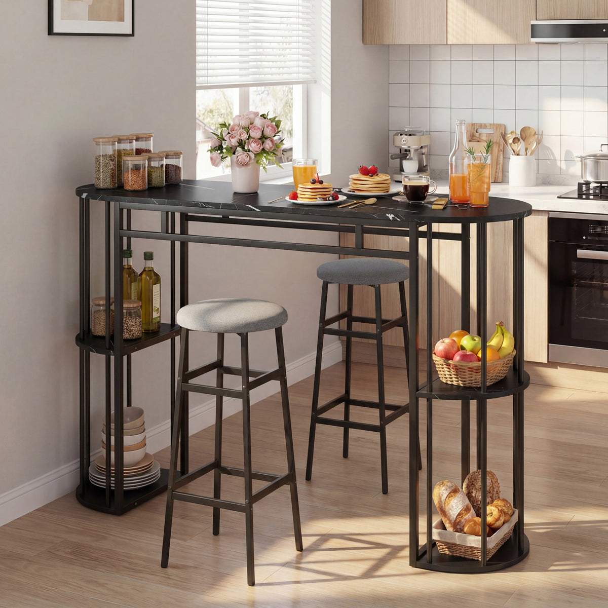 60 Inch Dining Table Set with 2 Barstools, Gray