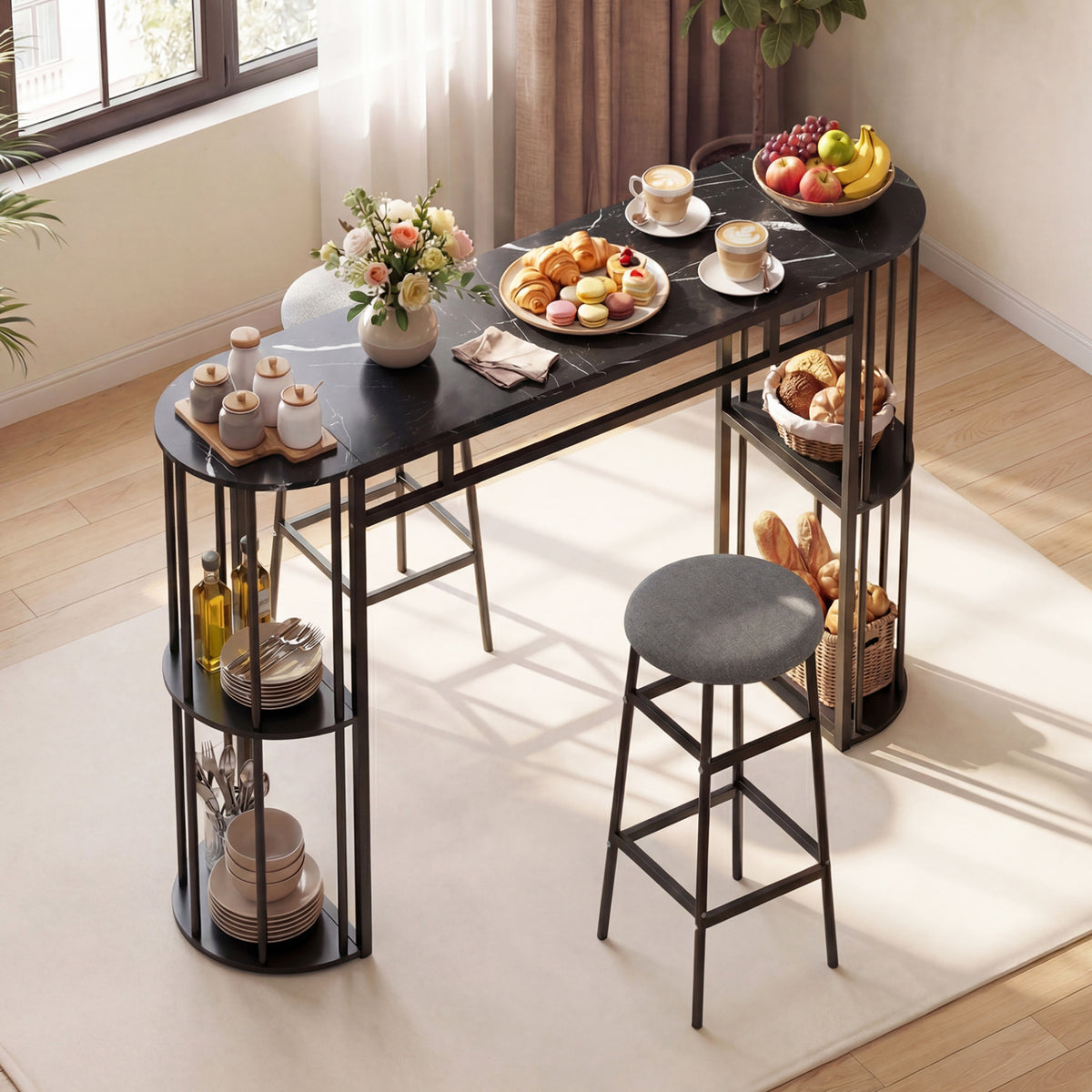 60 Inch Dining Table Set with 2 Barstools, Gray