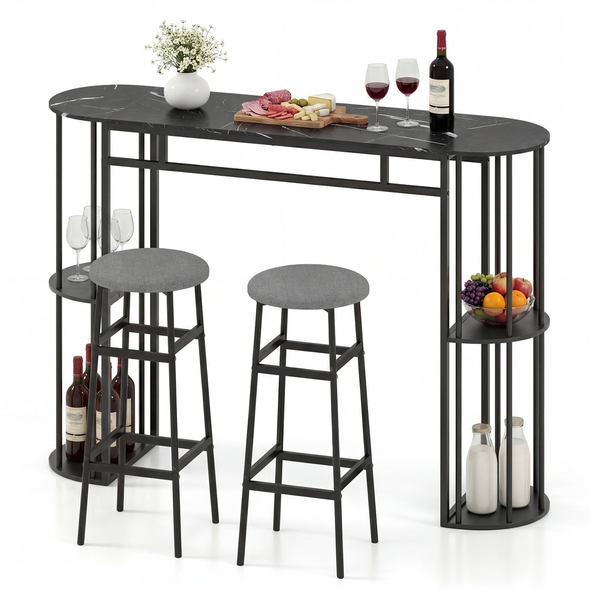 60 Inch Dining Table Set with 2 Barstools, Gray
