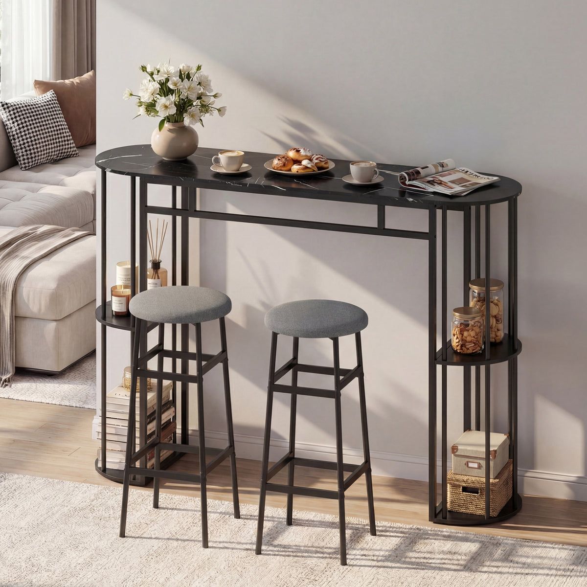 60 Inch Dining Table with 2 Upholstered Barstools - Gray