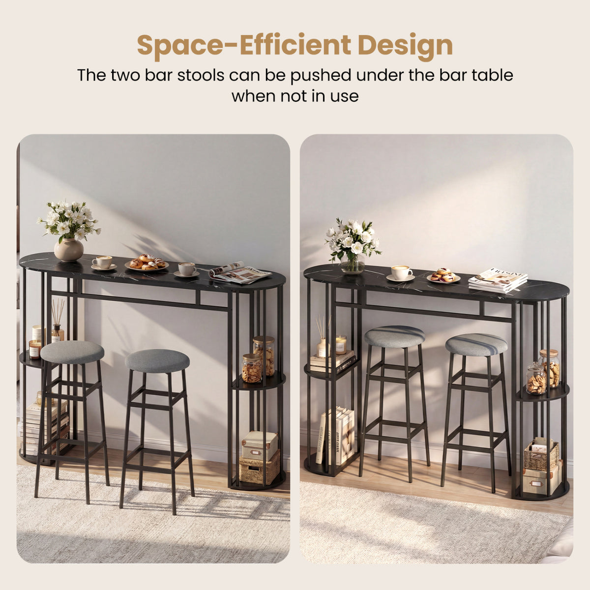 60 Inch Dining Table Set with 2 Barstools, Gray