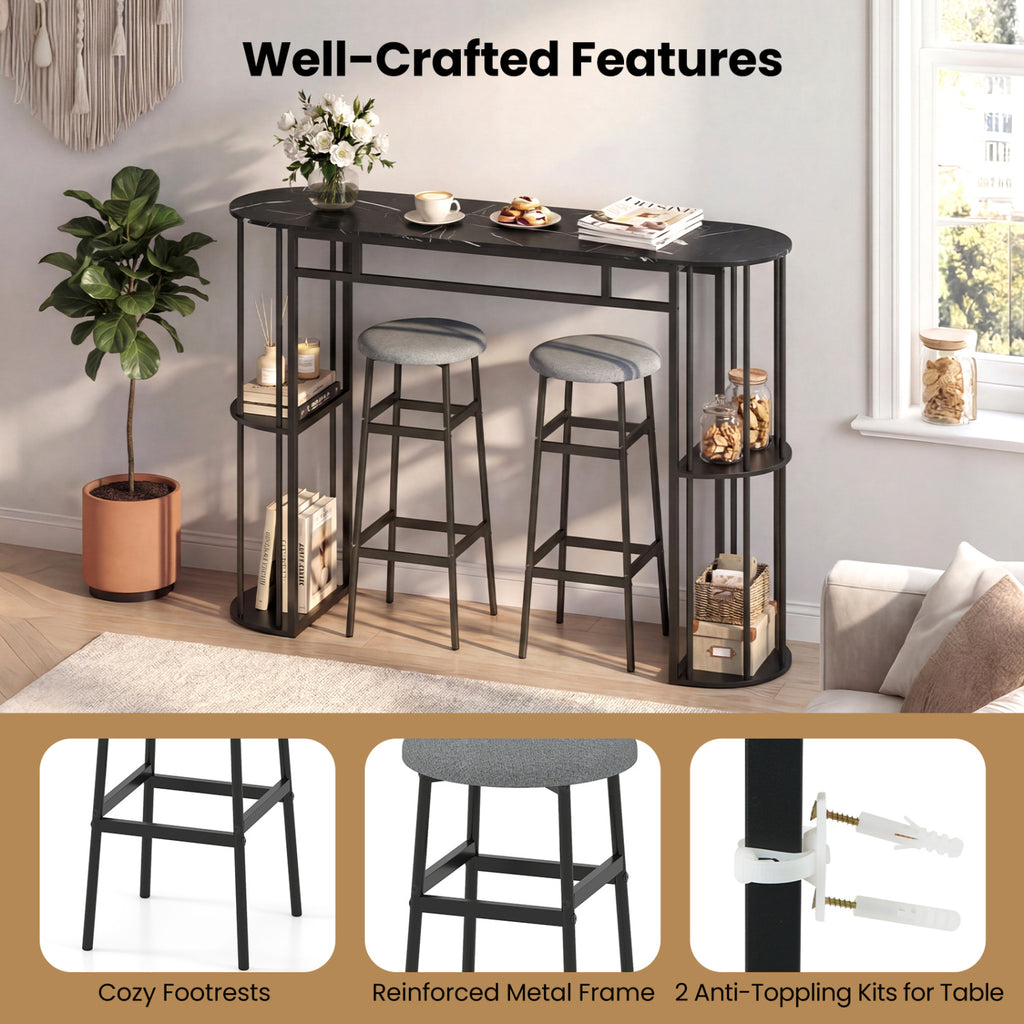 60 Inch Dining Table Set with 2 Barstools, Gray