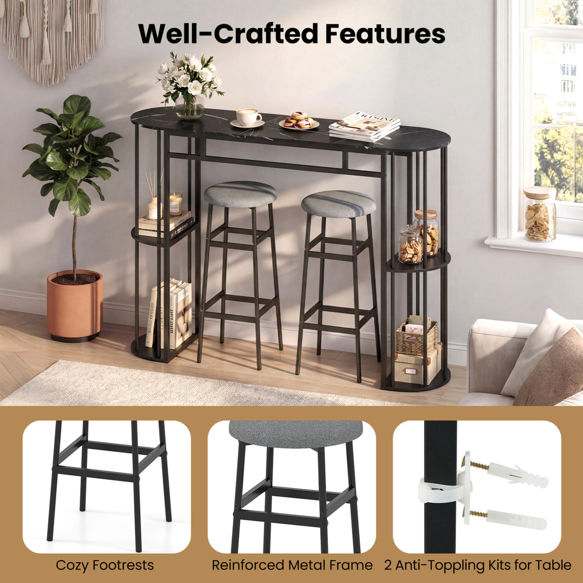 60 Inch Dining Table Set with 2 Barstools, Gray