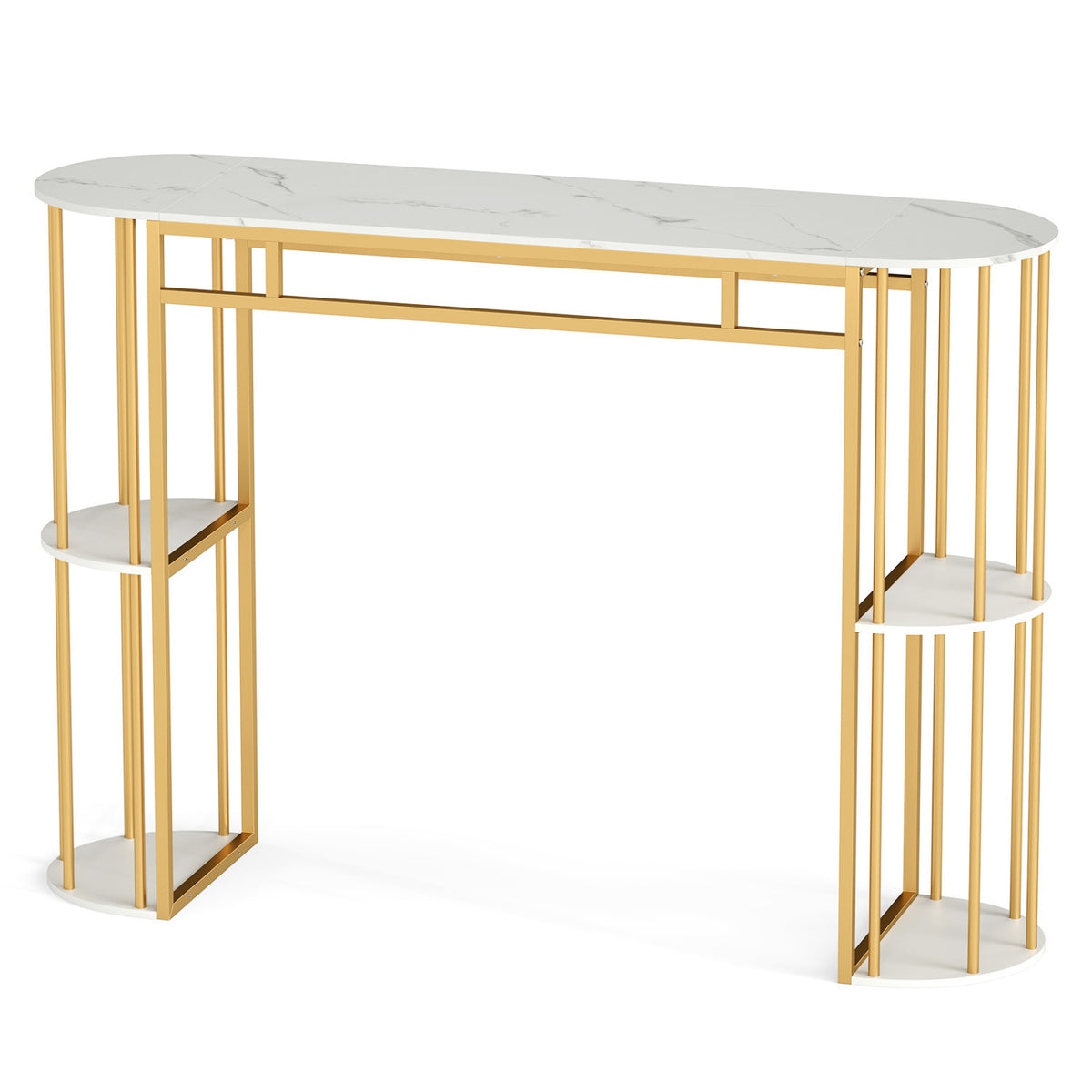 60 Inch Narrow Bar Table with Faux Marble Top & Storage Shelves - White & Golden