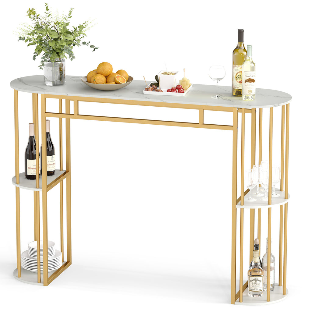 60 Inch Narrow Bar Table with Faux Marble Top & Storage Shelves - White & Golden