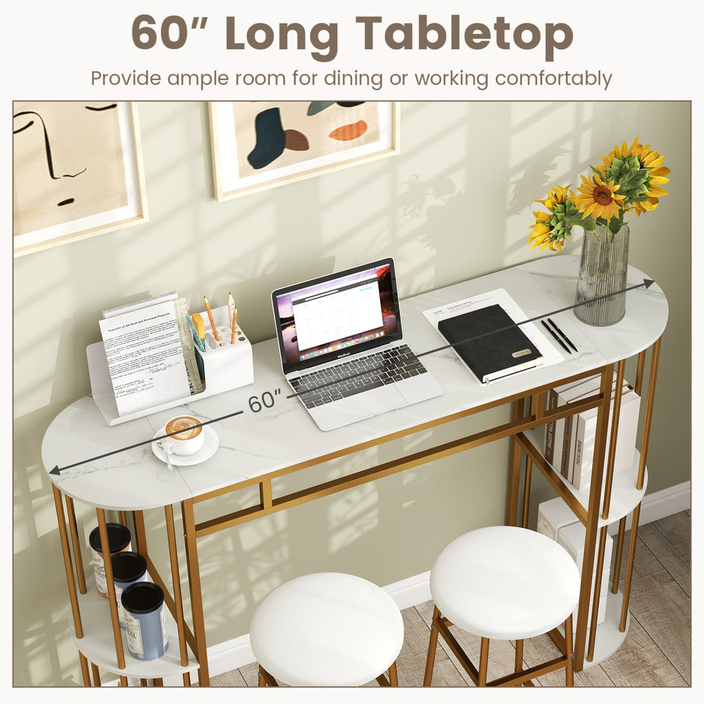 60 Inch Narrow Bar Table with Faux Marble Top & Storage Shelves - White & Golden