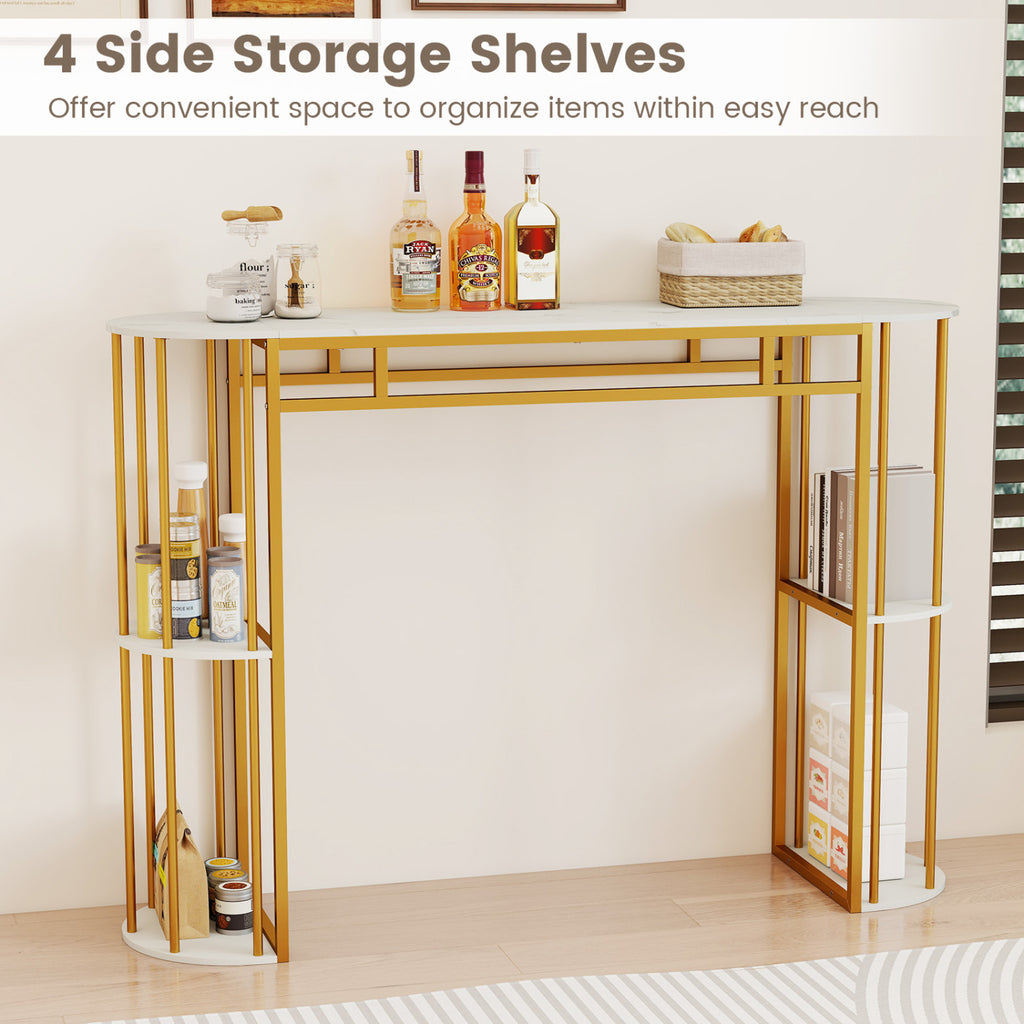 60 Inch Narrow Bar Table with Faux Marble Top & Storage Shelves - White & Golden
