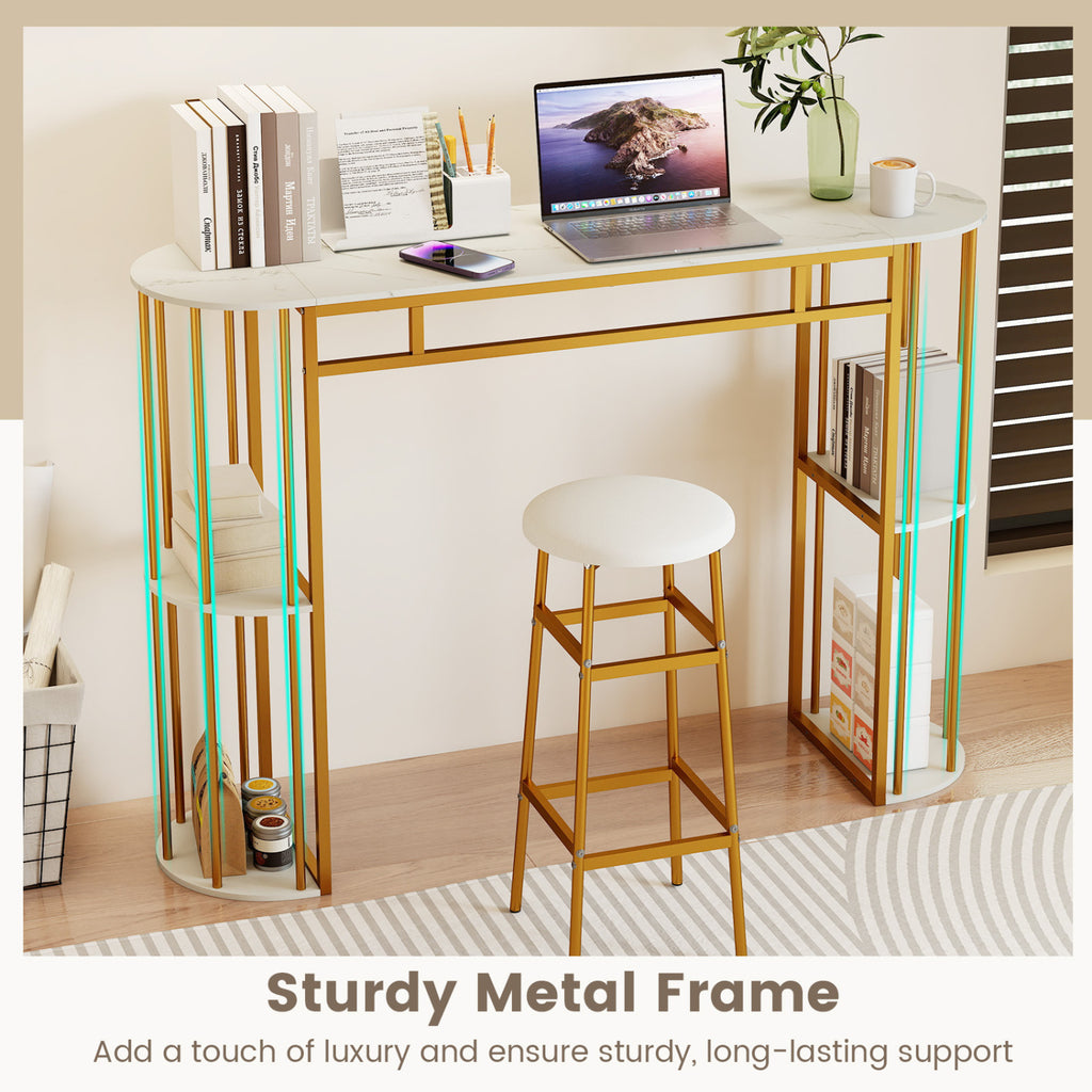 60 Inch Narrow Bar Table with Faux Marble Top & Storage Shelves - White & Golden