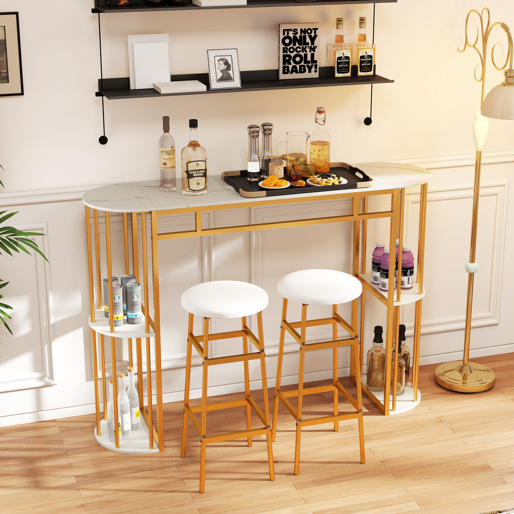 60 Inch Narrow Bar Table with Faux Marble Top & Storage Shelves - White & Golden
