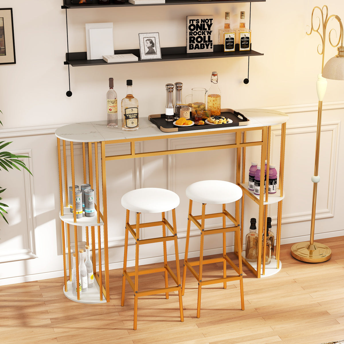 60 Inch Narrow Bar Table with Faux Marble Top & Storage Shelves - White & Golden