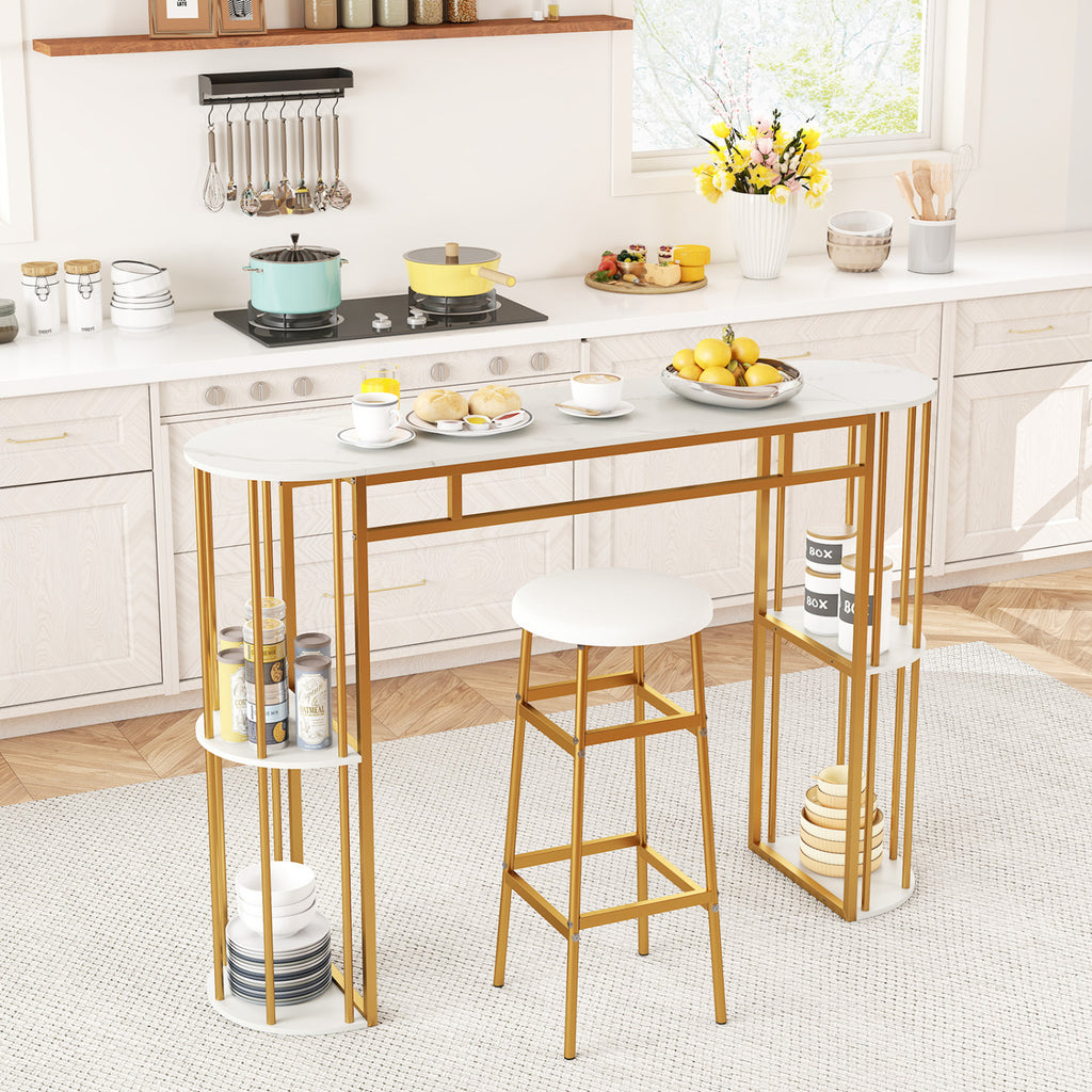 60 Inch Narrow Bar Table with Faux Marble Top & Storage Shelves - White & Golden