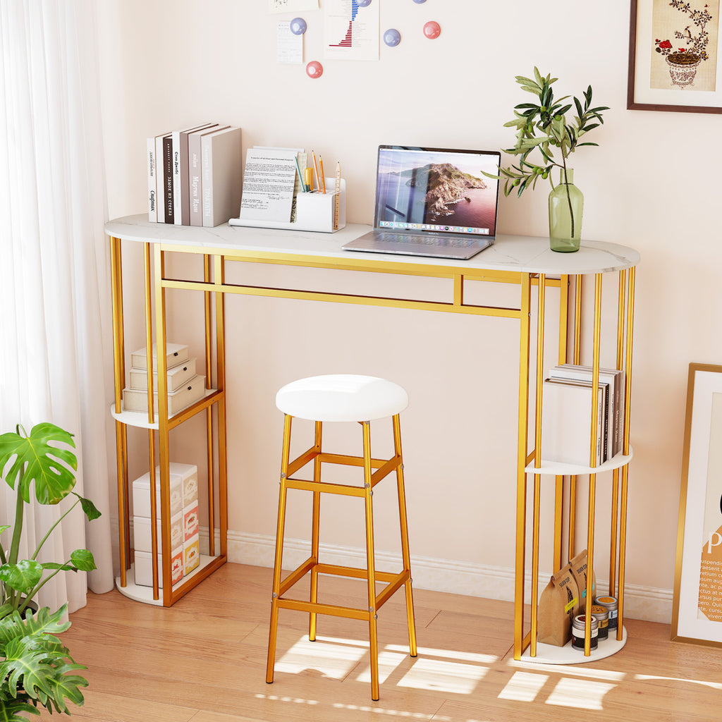 60 Inch Narrow Bar Table with Faux Marble Top & Storage Shelves - White & Golden