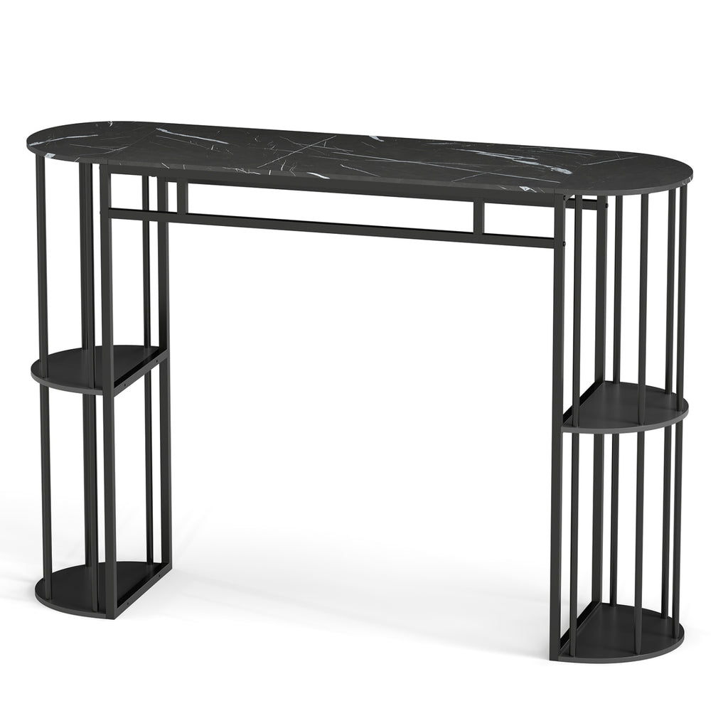 60-Inch Bar Table with Faux Marble Top & Storage Shelves - Black