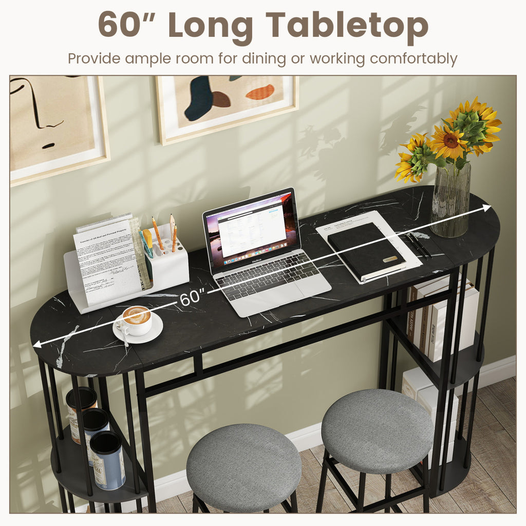 60-Inch Bar Table with Faux Marble Top & Storage Shelves - Black