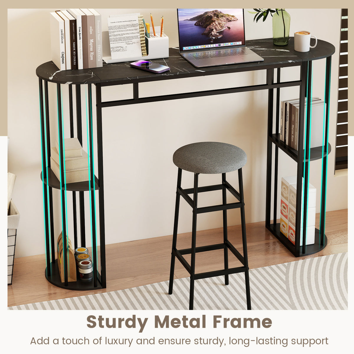 60-Inch Bar Table with Faux Marble Top & Storage Shelves - Black