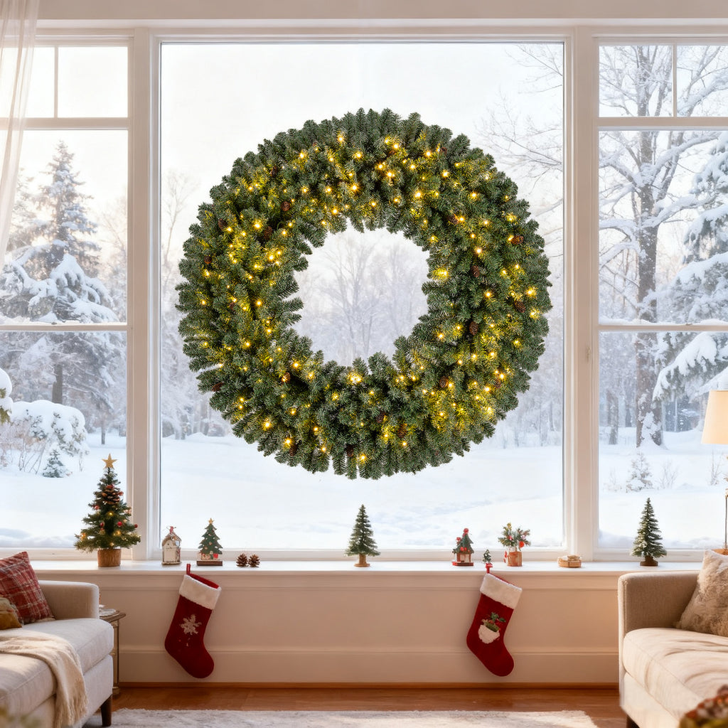 60 Inch Pre-Lit Artificial Christmas Wreath with 200 LED Warm White Lights - 1 Piece