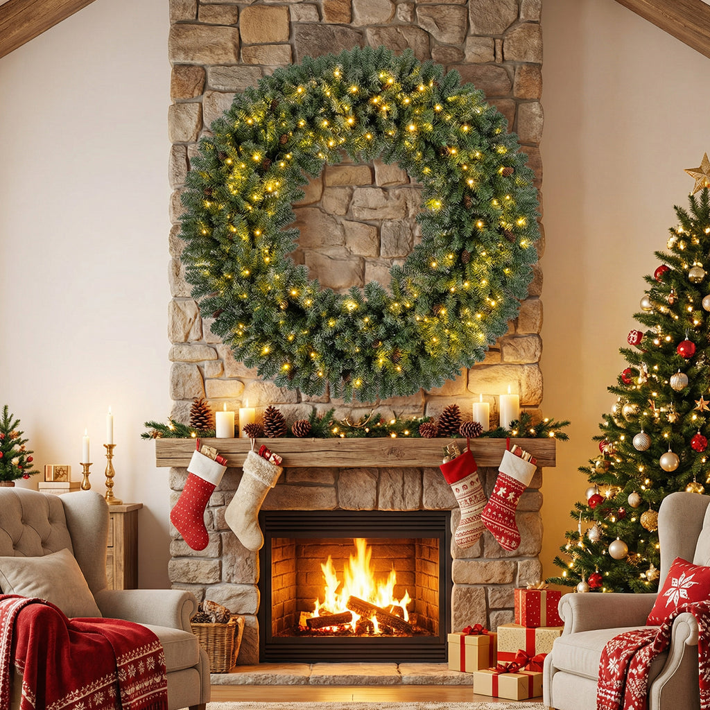60 Inch Pre-Lit Artificial Christmas Wreath with 200 LED Warm White Lights - 1 Piece
