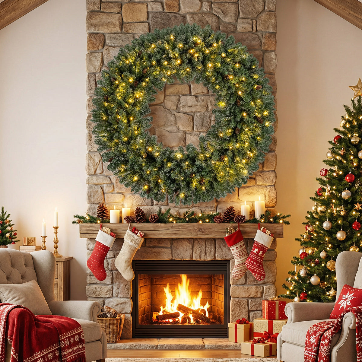 60 Inch Pre-Lit Artificial Christmas Wreath with 200 LED Warm White Lights - 1 Piece