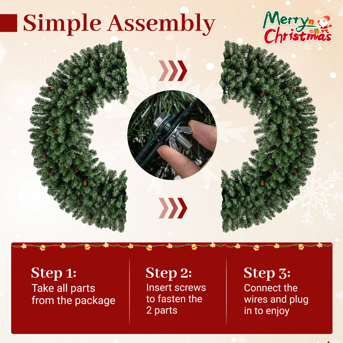 60 Inch Pre-Lit Artificial Christmas Wreath with 200 LED Warm White Lights - 1 Piece