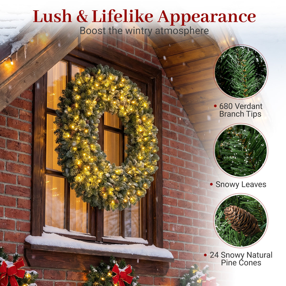 60 Inch Pre-Lit Artificial Christmas Wreath with 200 LED Warm White Lights - 1 Piece