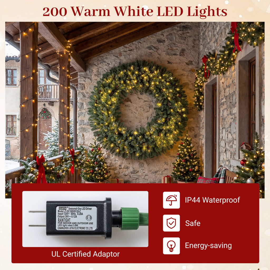 60 Inch Pre-Lit Artificial Christmas Wreath with 200 LED Warm White Lights - 1 Piece
