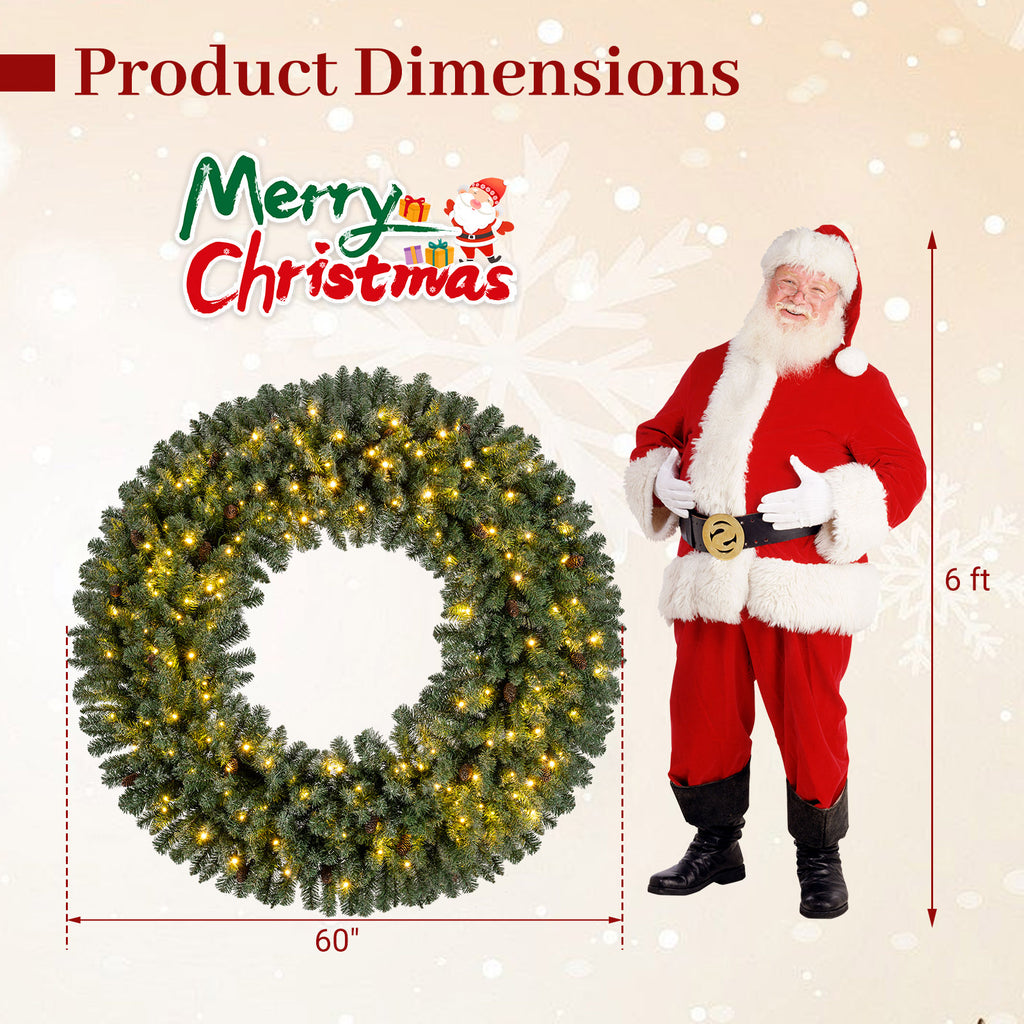 60 Inch Pre-Lit Artificial Christmas Wreath with 200 LED Warm White Lights - 1 Piece