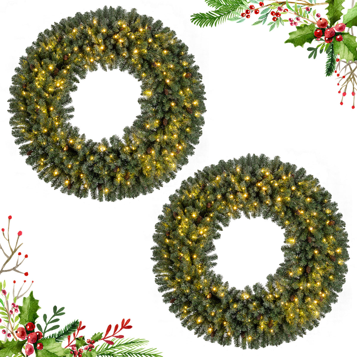 60 Inch Pre-Lit Artificial Christmas Wreath with 200 LED Warm White Lights - 1 Piece