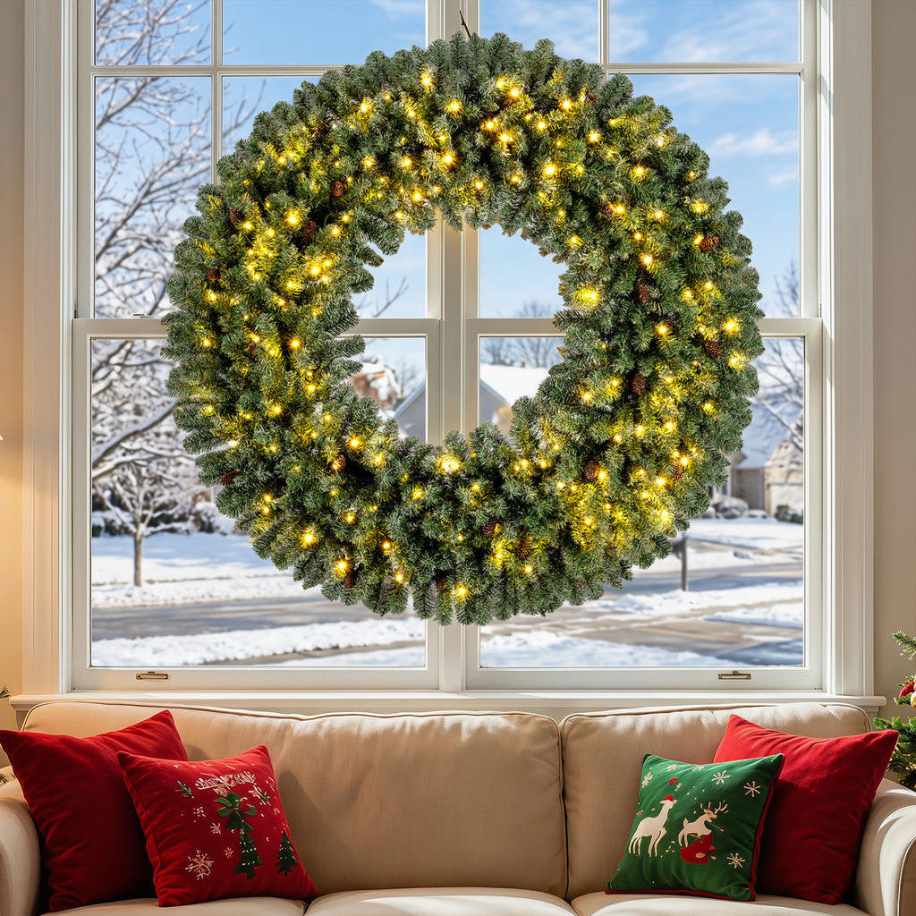 60 Inch Pre-Lit Artificial Christmas Wreath with 200 LED Warm White Lights - 1 Piece