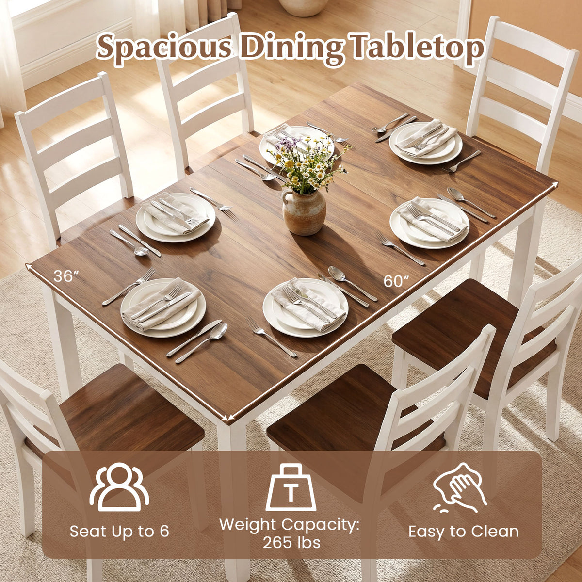 60-Inch Rectangular Dining Table with Rubber Wood Legs – Brown