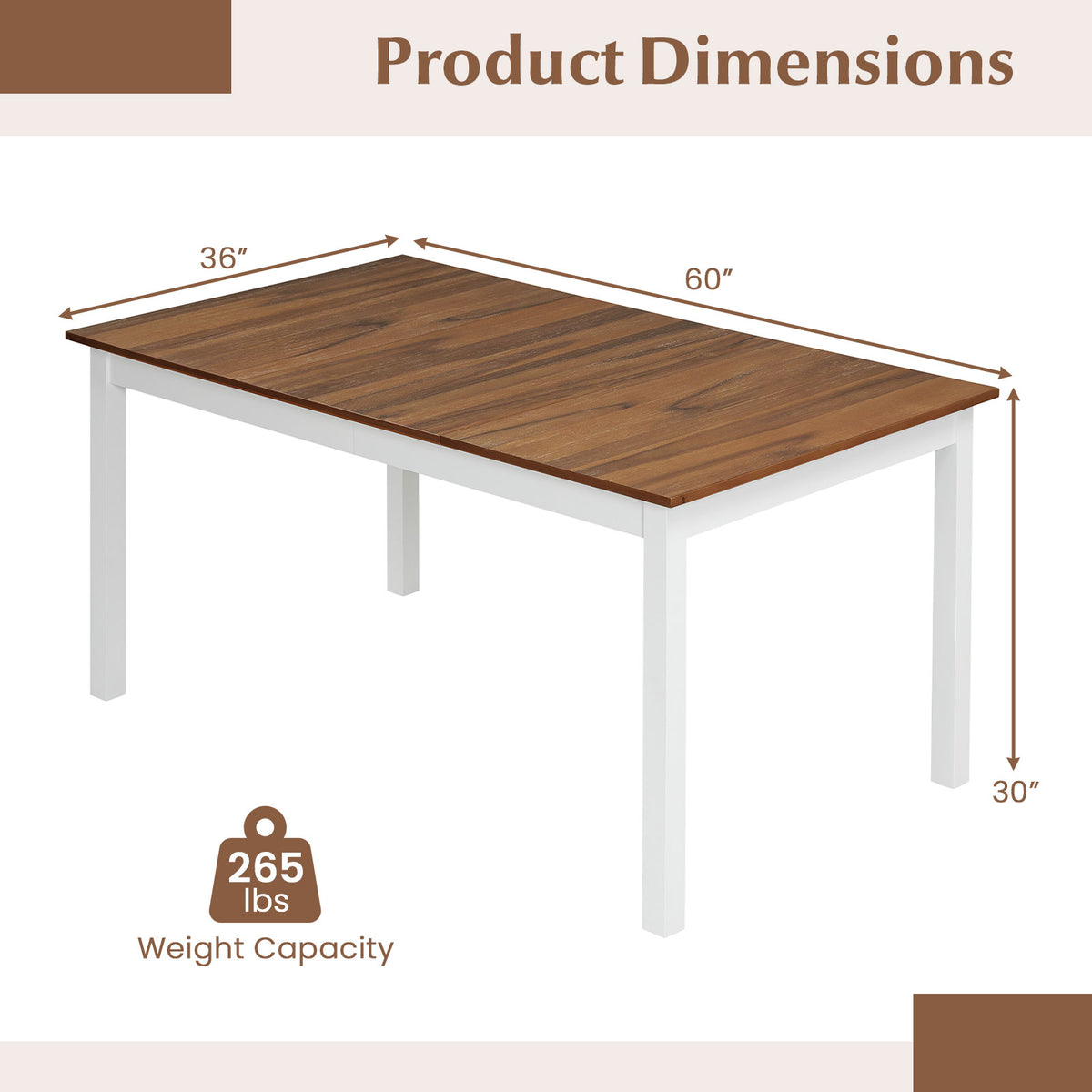60-Inch Rectangular Dining Table with Rubber Wood Legs – Brown