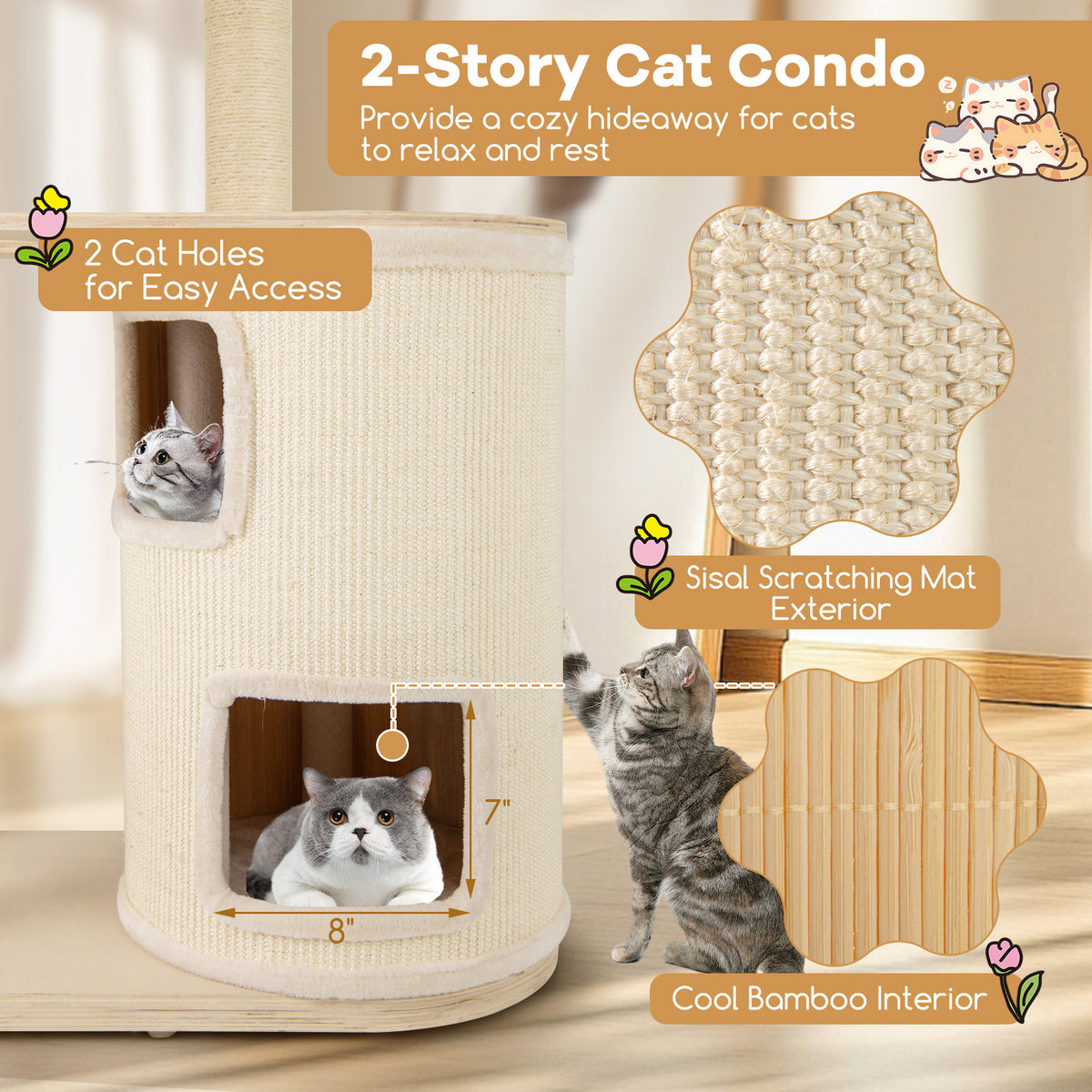60 Inches Tall Cat Tree with 2-Story Condo & Sisal Scratching Posts - Natural Variation